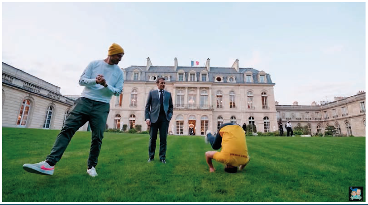 Le 23 mai 2021, Emmanuel Macron fait visiter les jardins de l’Élysée à McFly et Carlito (le premier faisant une galipette, le second portant un bonnet), avec qui il vient de jouer à un «&nbspconcours d’anecdotes » dûment filmé pour la chaîne YouTube des deux jeunes gens.